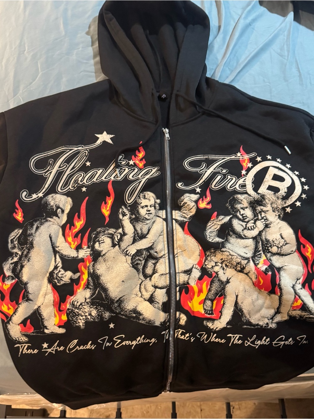 ROMWE Black Cherub 'Floating Fire' Graphic Zip Hoodie